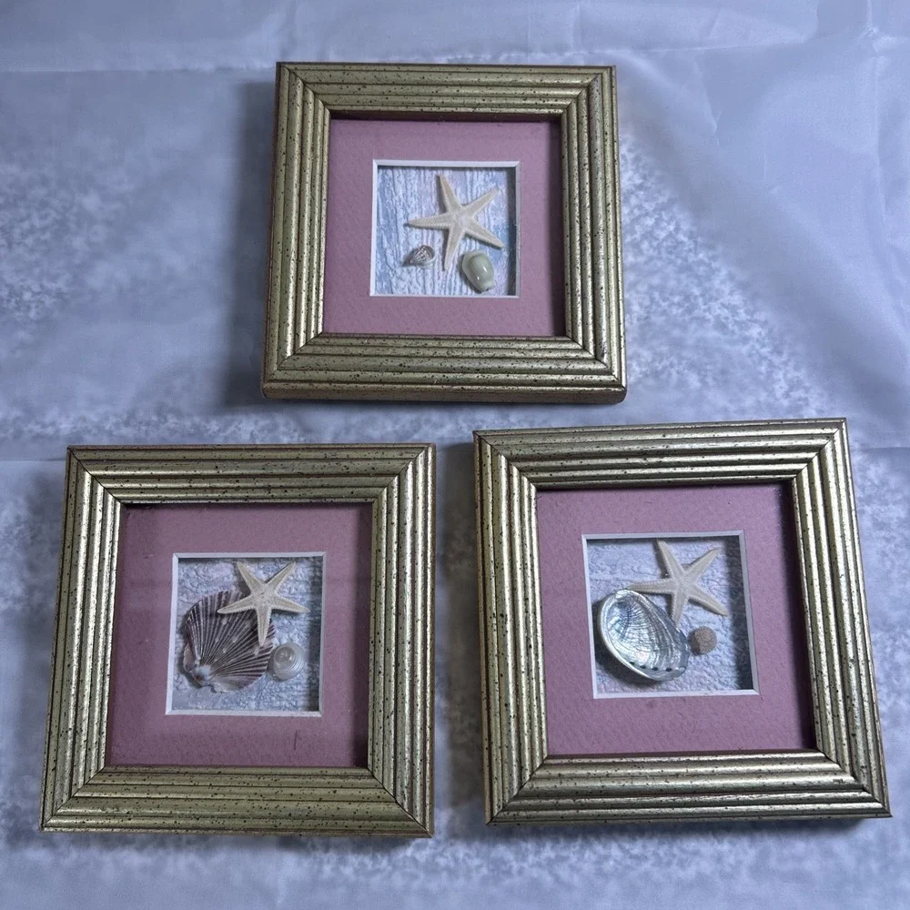 Vintage Gold Framed Mini Art Beach Nautical Wall Hanging Shadowbox 3D Natural